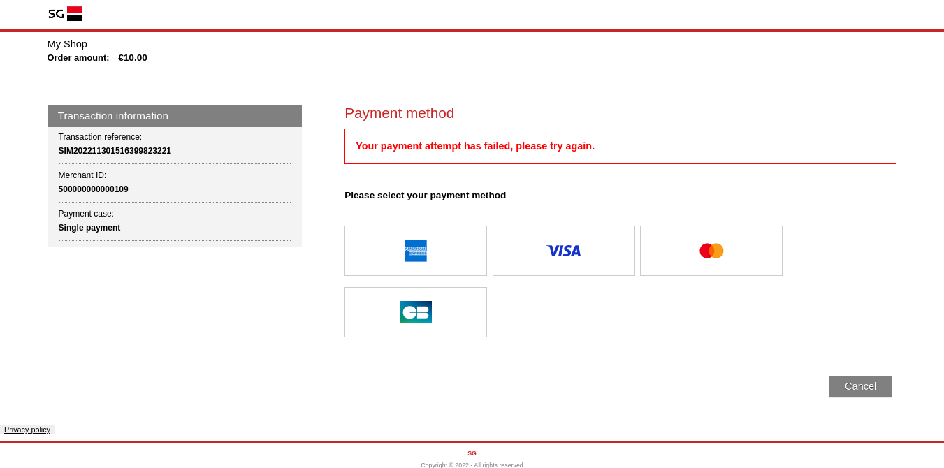 screenshot with the message: your payment attempt failed, please try again