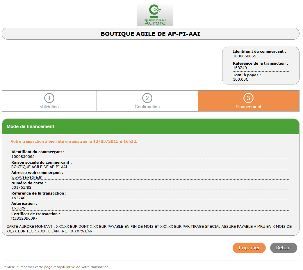 page which indicates that Cetelem has accepted the financing