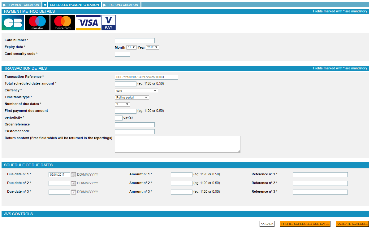 Scheduled payment creation page