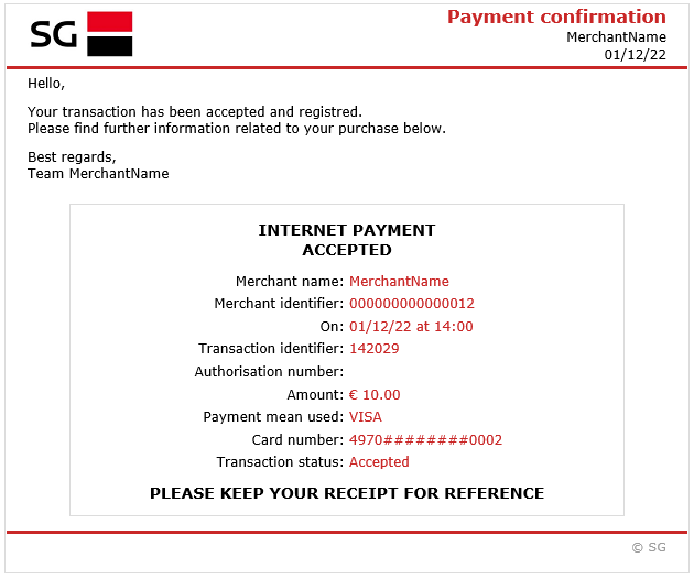 image showing the e-mail message for an accepted payment