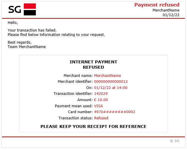 image showing the e-mail message for a refused payment