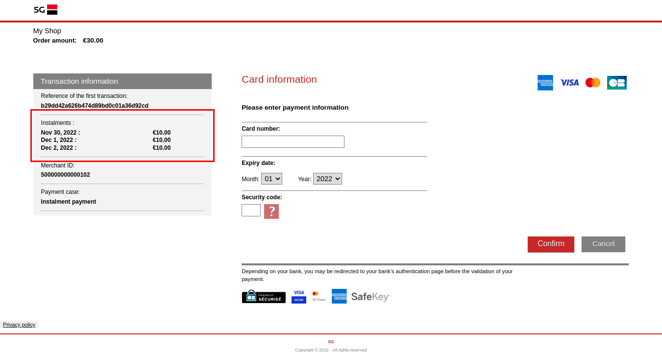 Screenshot of the paypage displaying the instalments if less than 5
