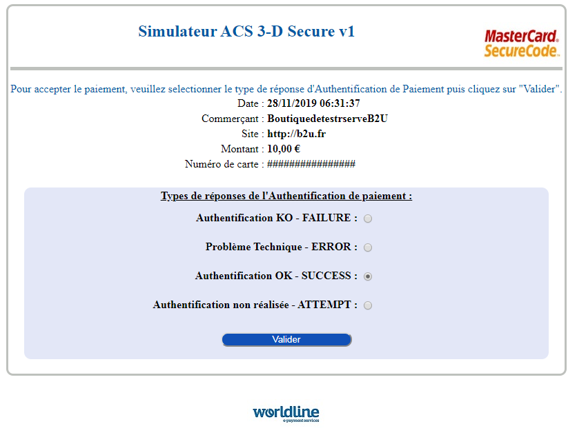 page de simulation de l’ACS 3-D Secure v1
