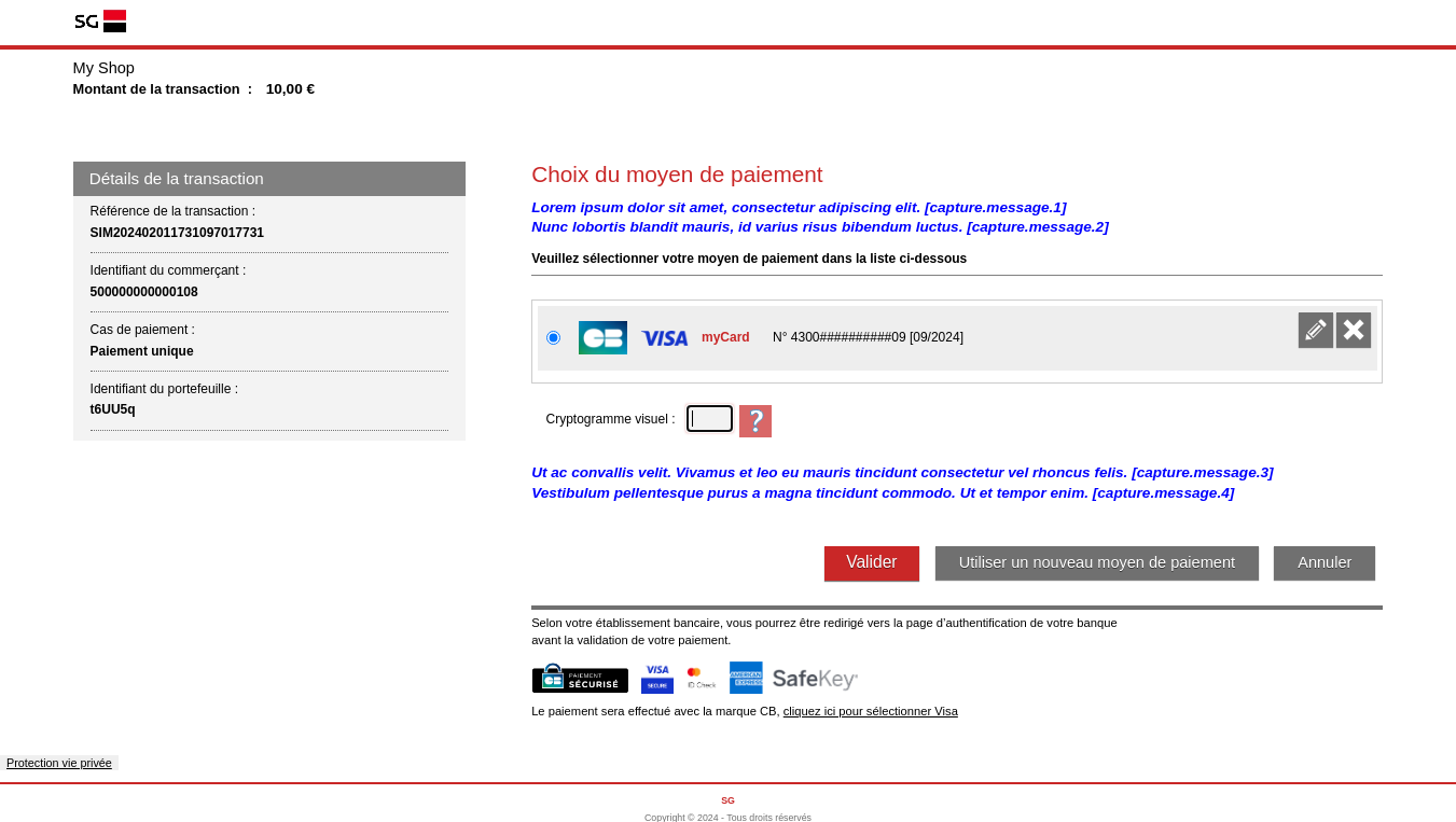 Page de paiement OneClick avec l'emplacement des messages personnalisables 